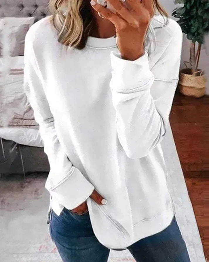 Josephine white crew neck sweater with thumbhole cuffs, front view