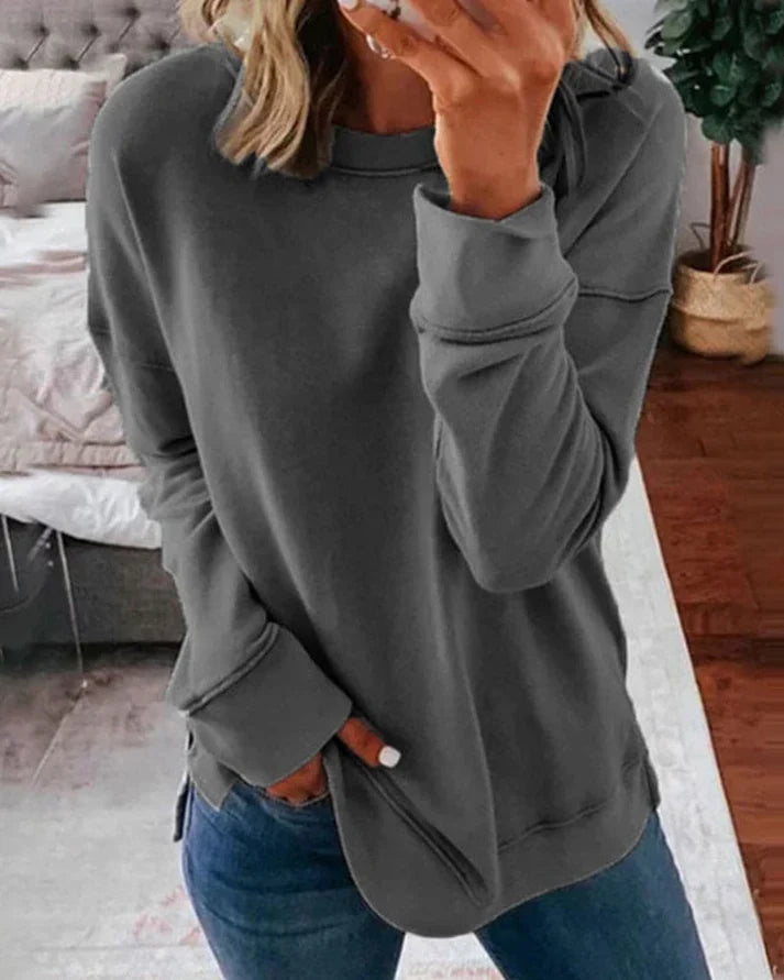 Josephine gray crew neck sweater with thumbhole cuffs, front view