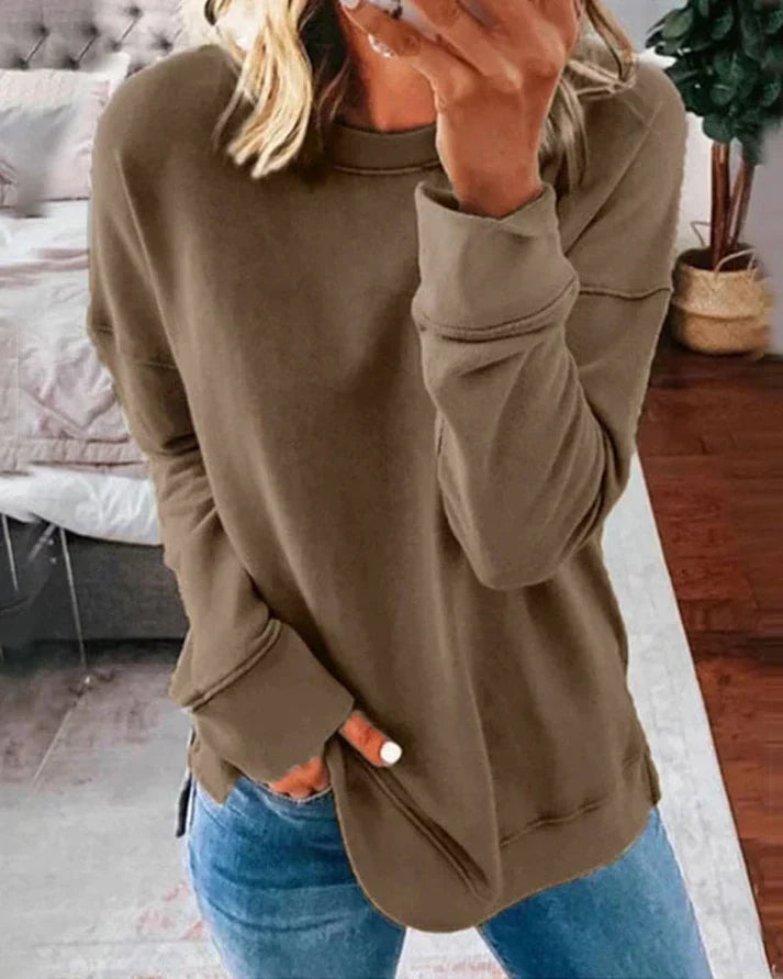 Josephine brown crew neck sweater with thumbhole cuffs, front view