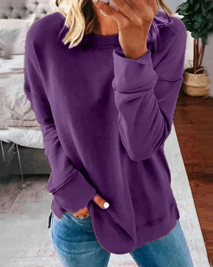 Josephine purple crew neck sweater with thumbhole cuffs, front view