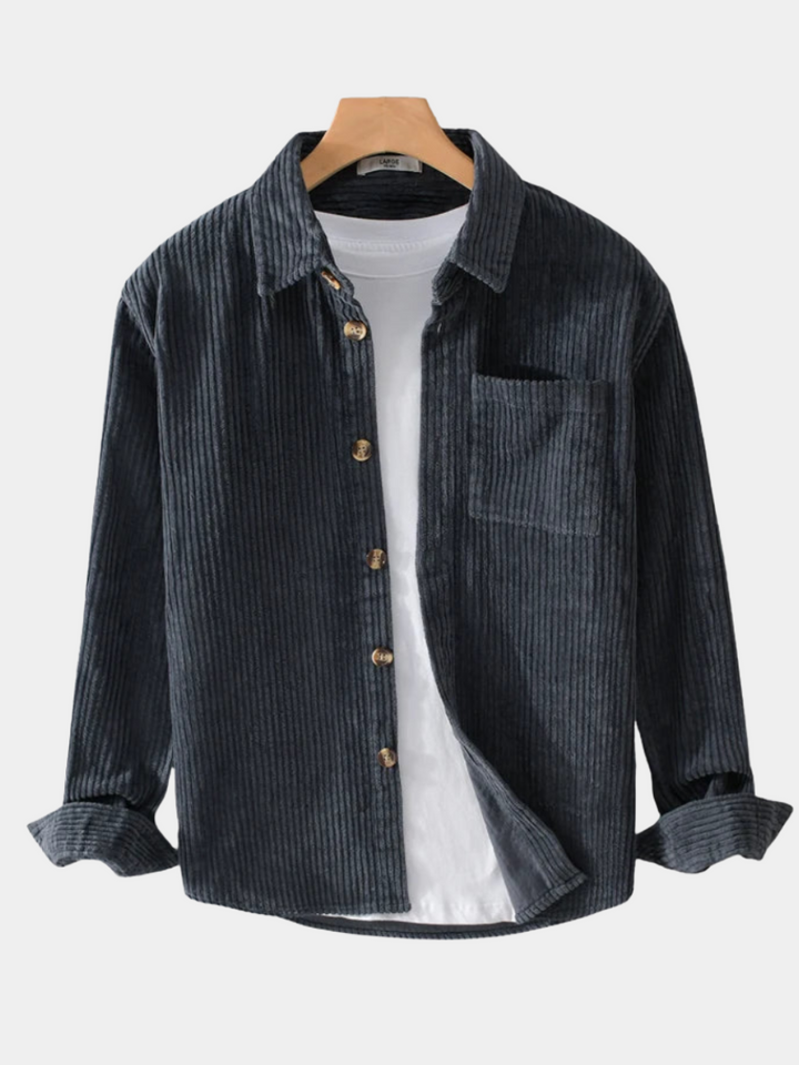 Julian corduroy button-down shirt in dark blue, front view open over white tee