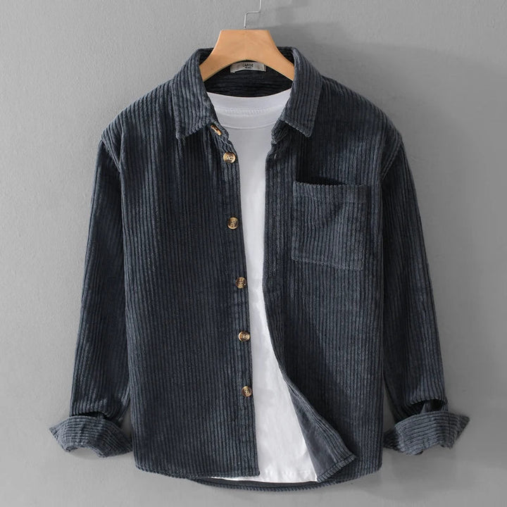 Julian corduroy shirt in dark blue, front view fully styled