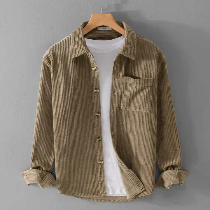 Julian corduroy shirt in khaki, front view fully styled