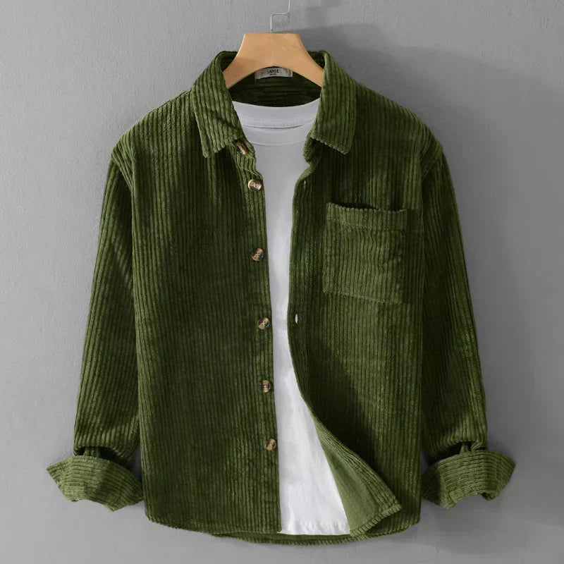 Julian corduroy shirt in olive green, front view fully styled