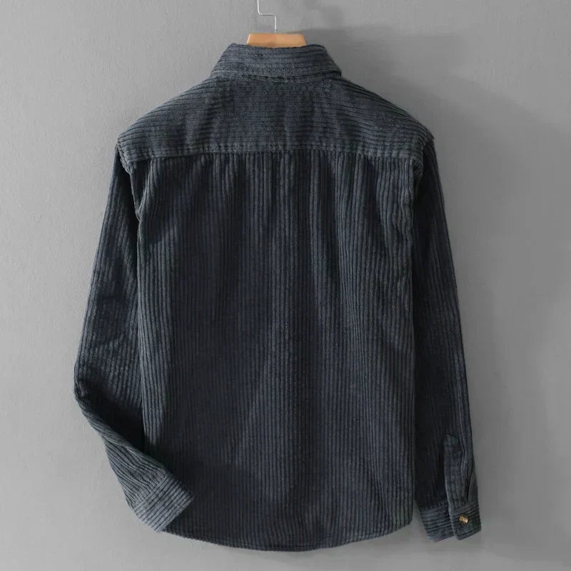 Back view of Julian corduroy shirt in dark blue