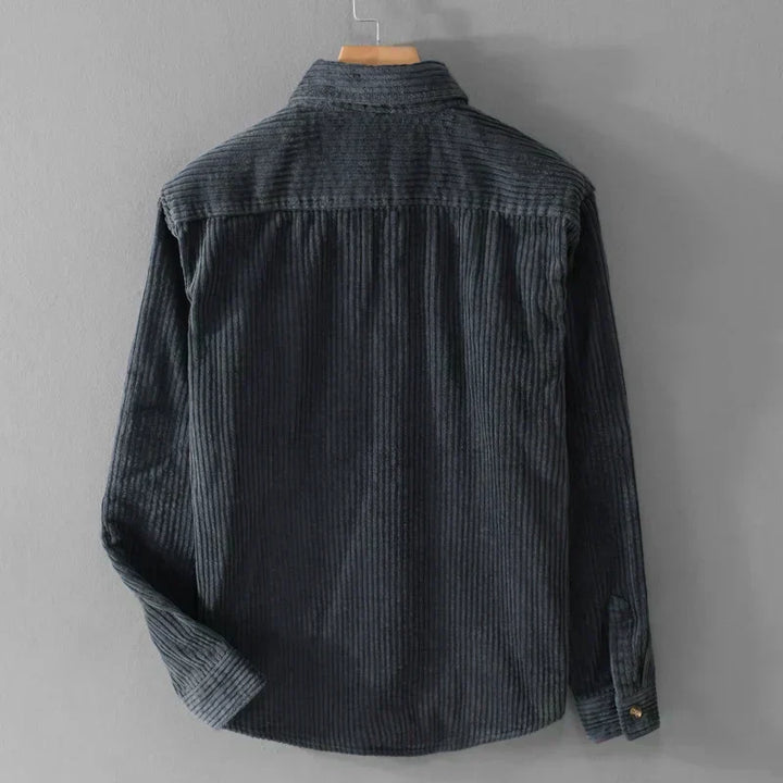 Back view of Julian corduroy shirt in dark blue