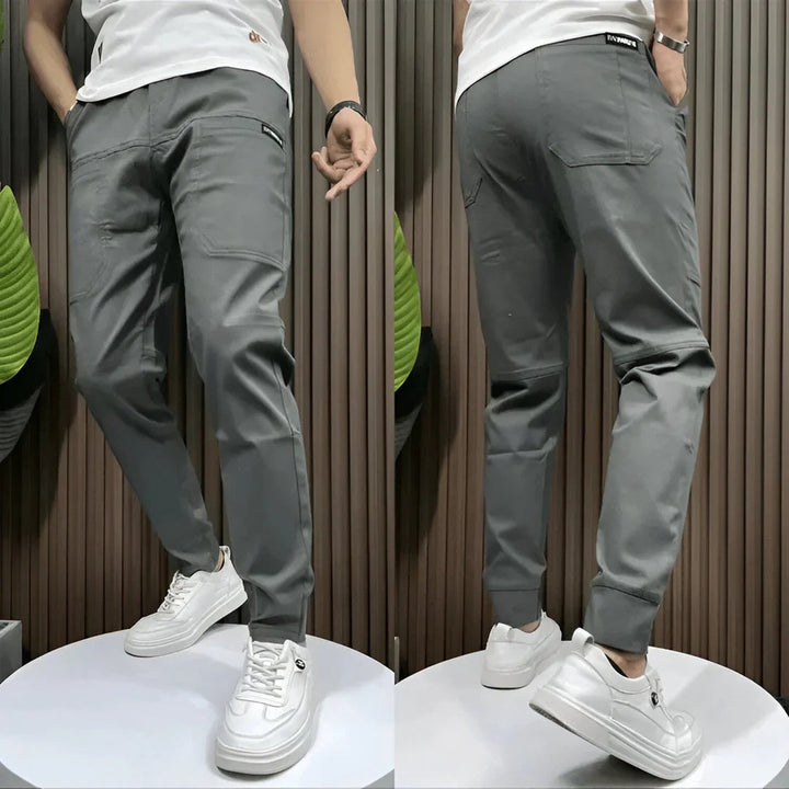 Julian gray cargo joggers, front and back view on stand