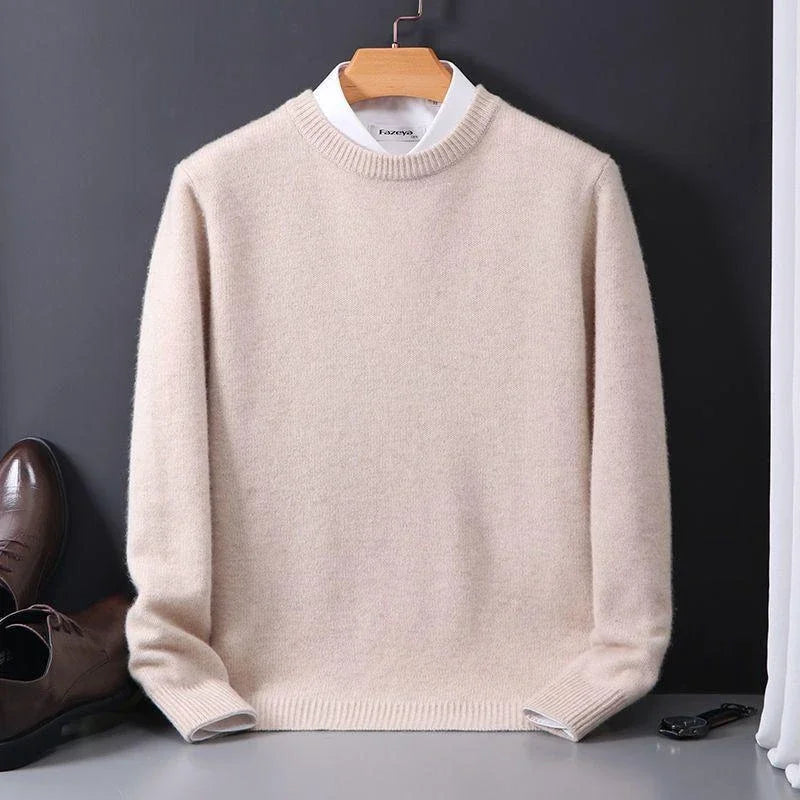 Julian beige mock neck cashmere sweater on hanger, front view with shoes