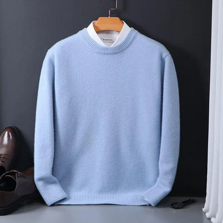 Julian light blue mock neck cashmere sweater on hanger, front view with shoes