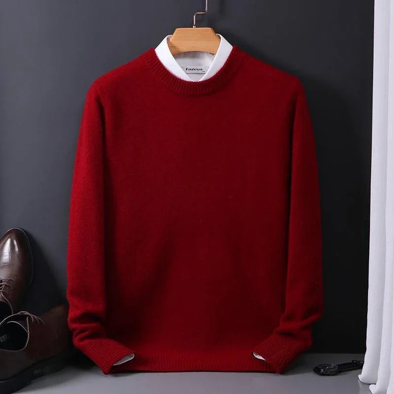 Julian red mock neck cashmere sweater on hanger, front view with shoes