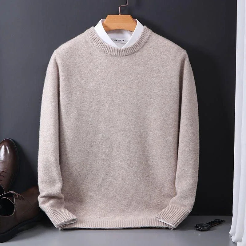 Julian beige mock neck cashmere sweater on hanger, alternate front view with shoes