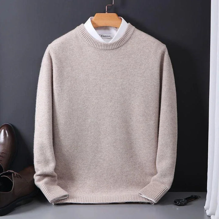 Julian beige mock neck cashmere sweater on hanger, alternate front view with shoes