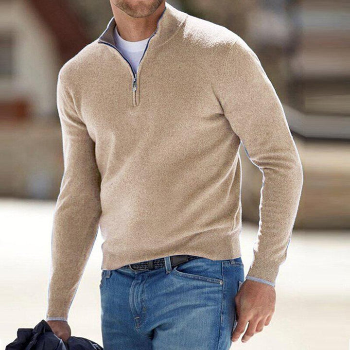 Julian quarter zip regular fit sweater in beige, front view worn with jeans