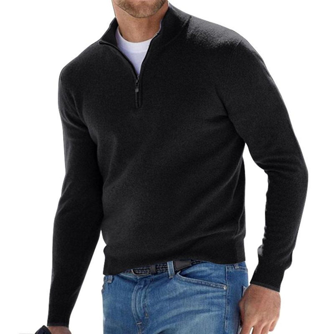 Julian quarter zip regular fit sweater in black, front view worn with jeans