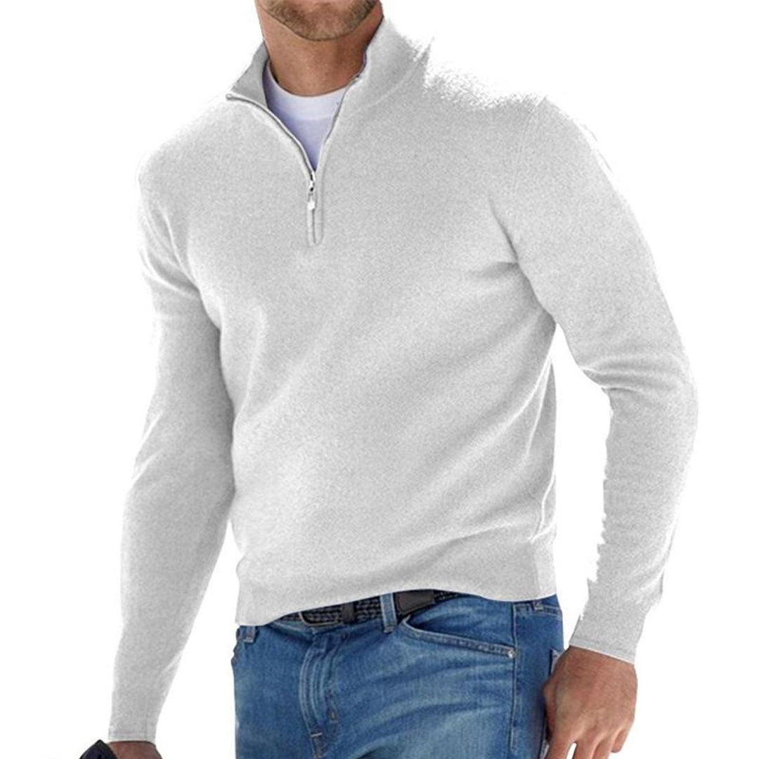 Julian quarter zip regular fit sweater in white, front view worn with jeans