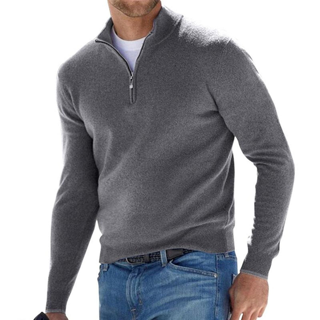 Julian quarter zip regular fit sweater in gray, front view worn with jeans