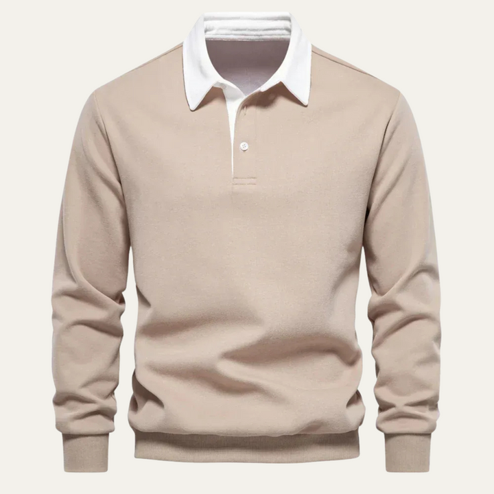 Lachlan contrast collar long sleeve polo in khaki, front view