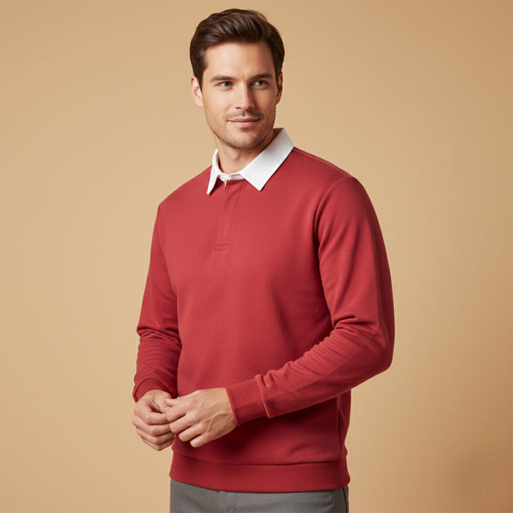Lachlan red polo worn by model with gray pants