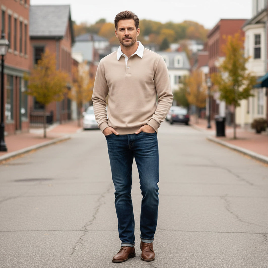 Lachlan khaki polo styled with jeans and boots, street style