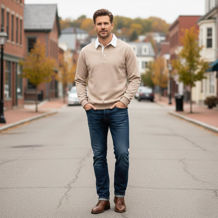 Lachlan khaki polo styled with jeans and boots, street style