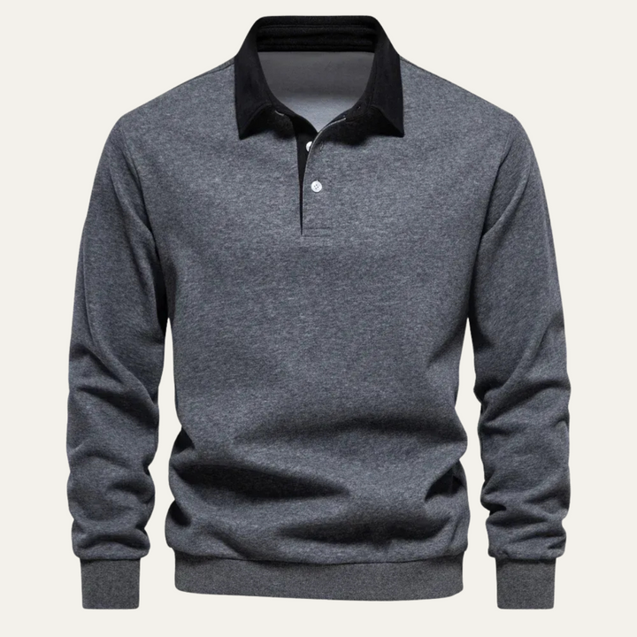Lachlan contrast collar long sleeve polo in dark gray, front view
