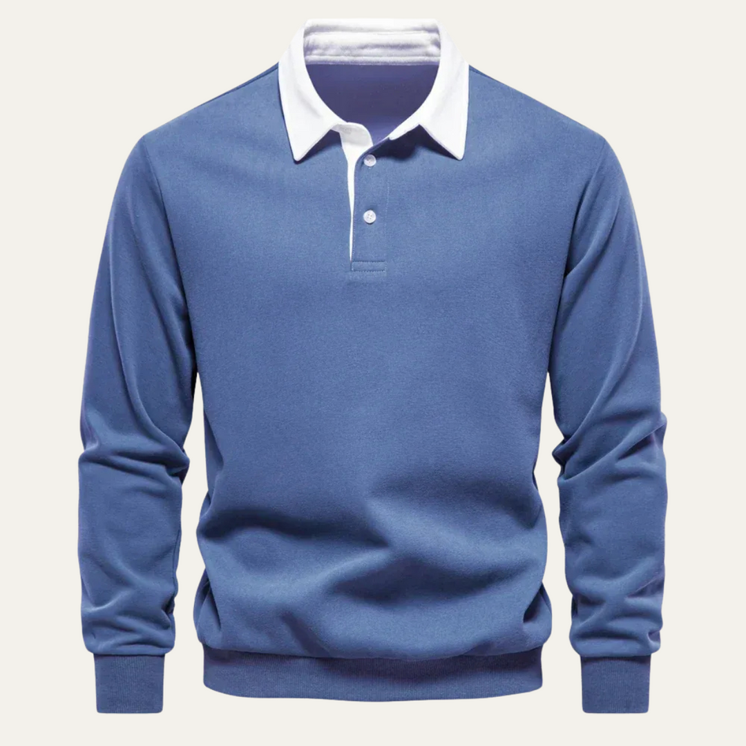 Lachlan contrast collar long sleeve polo in denim blue, front view