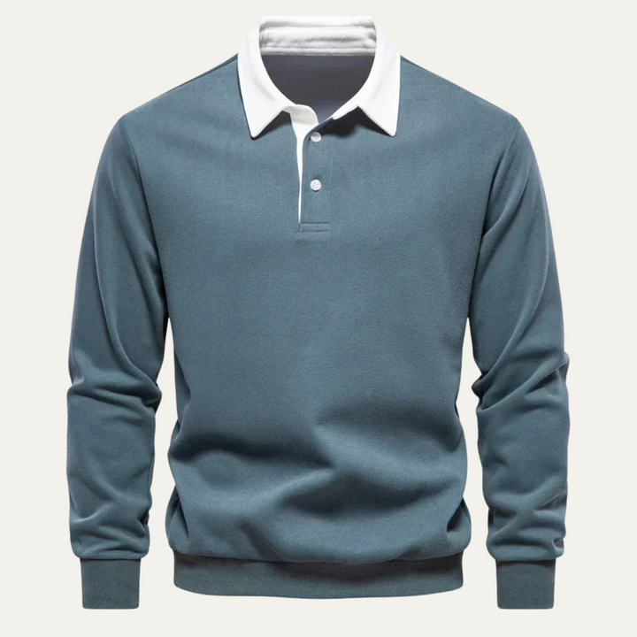 Lachlan contrast collar long sleeve polo in green, front view
