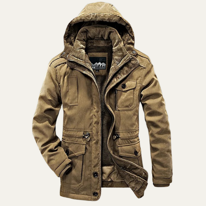 Landon hooded winter parka in khaki with fleece-lined hood, front view open