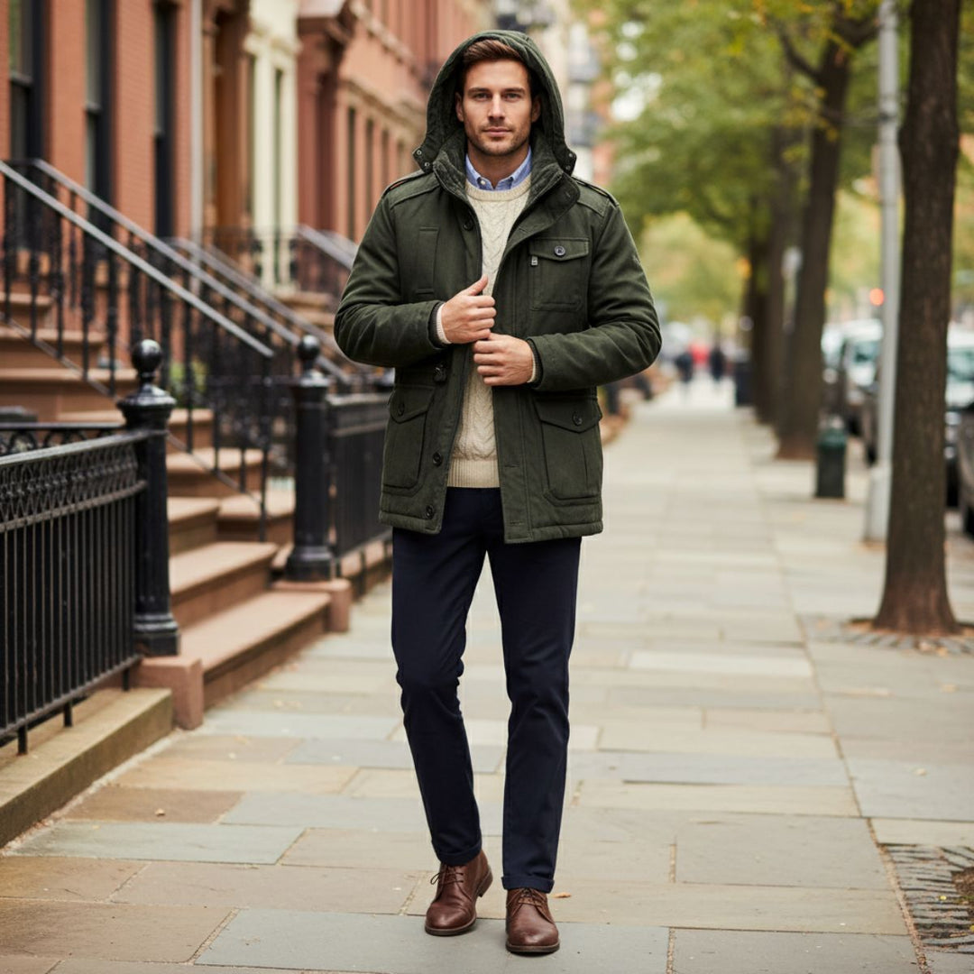 Man wearing Landon olive green parka walking on a city sidewalk