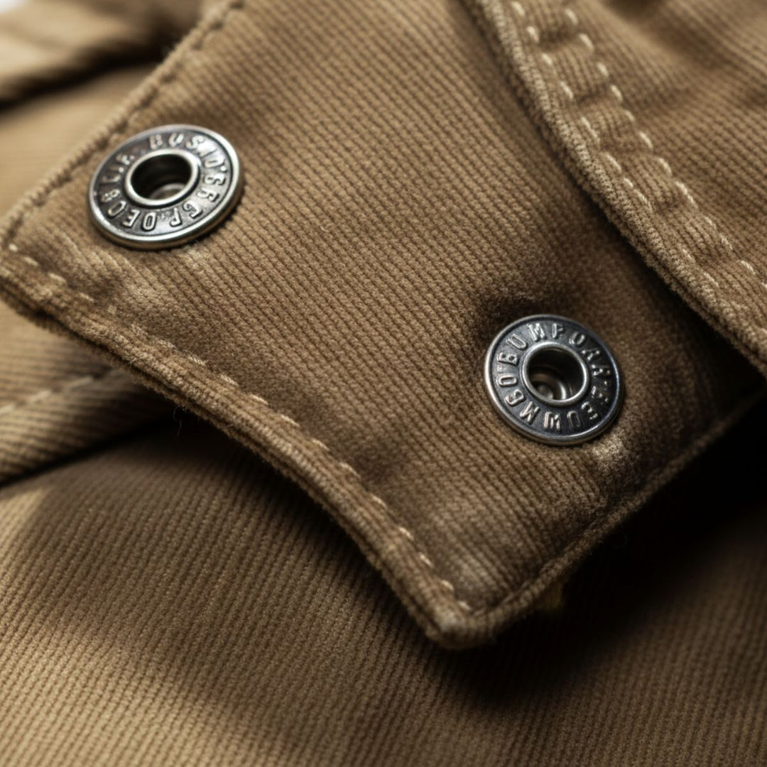 Close-up of snap button hardware detail on Landon parka cuff