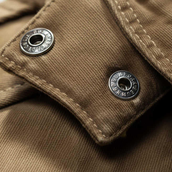 Close-up of snap button hardware detail on Landon parka cuff