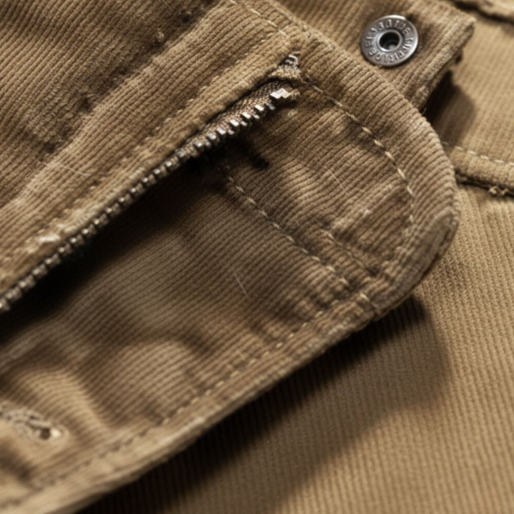 Close-up of zippered pocket and button detail on Landon parka