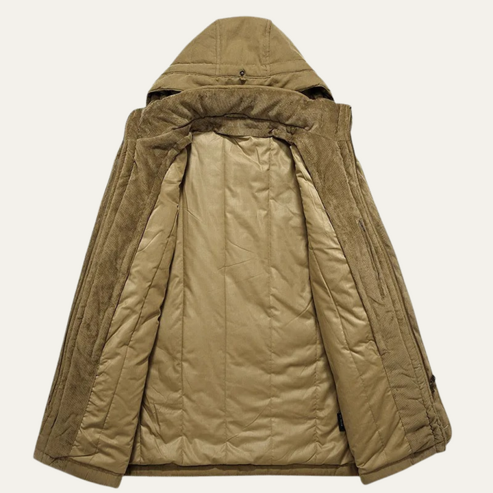 Landon parka interior showing quilted lining and fleece hood detail