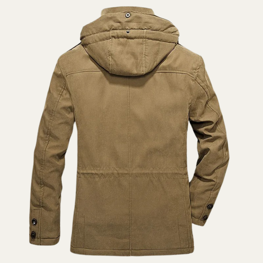 Back view of Landon khaki hooded winter parka jacket