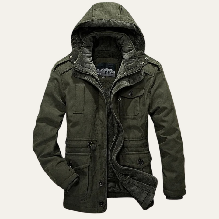 Landon hooded parka in olive green, front view with hood on
