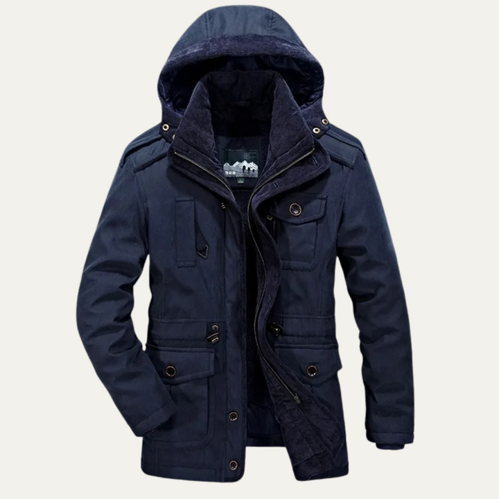 Landon hooded parka in navy blue, front view with zipper open