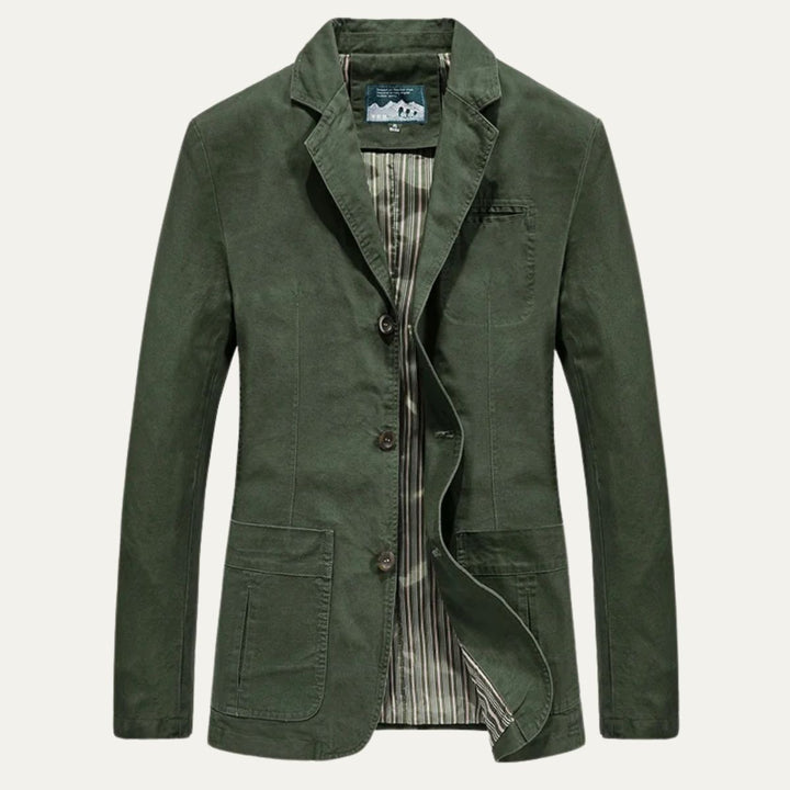 Lawrence tailored notch lapel blazer in army green, front view unbuttoned showing striped lining