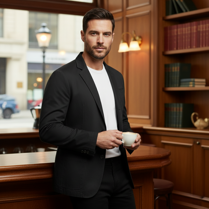 Model wearing Lawrence black blazer indoors holding a coffee cup