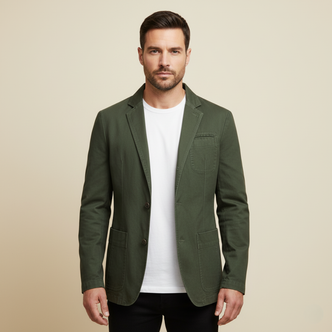 Model wearing Lawrence army green casual blazer with white t-shirt and black pants