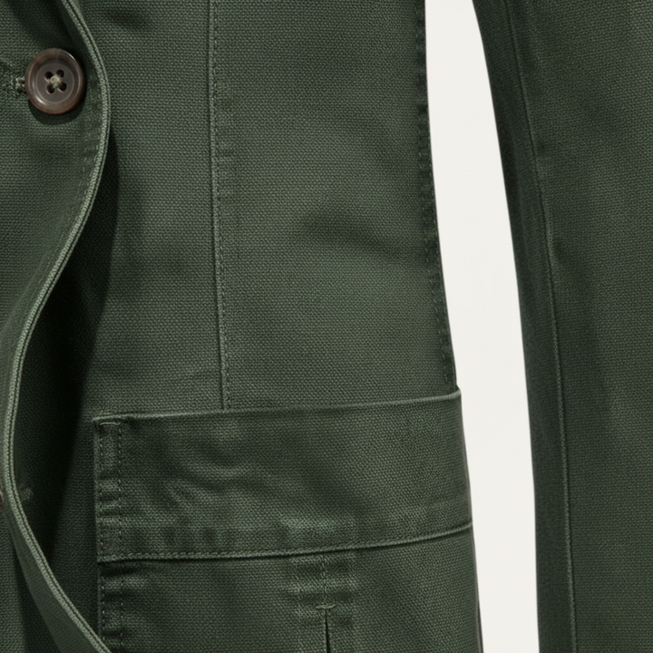 Close-up of Lawrence blazer side pocket and sleeve seam detail