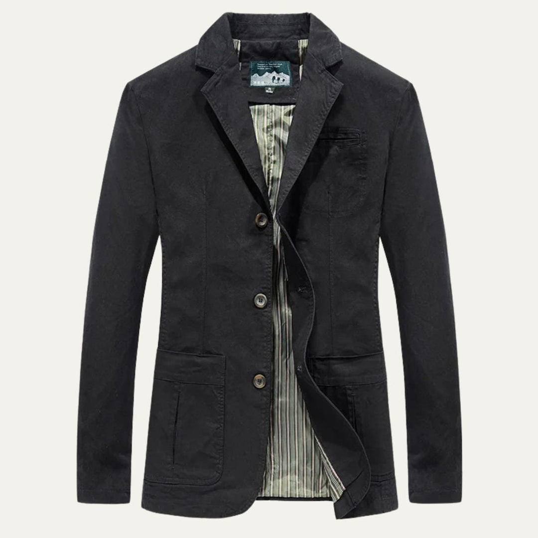 Lawrence tailored notch lapel blazer in black, front view unbuttoned showing striped lining