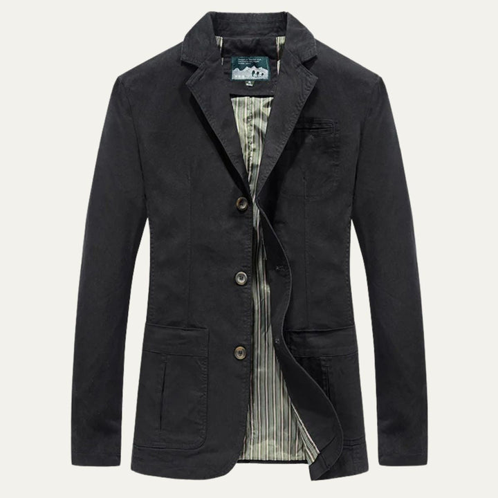 Lawrence tailored notch lapel blazer in black, front view unbuttoned showing striped lining