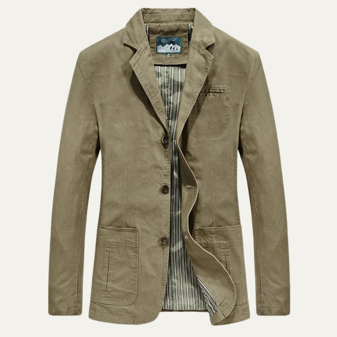 Lawrence tailored notch lapel blazer in khaki, front view unbuttoned showing striped lining