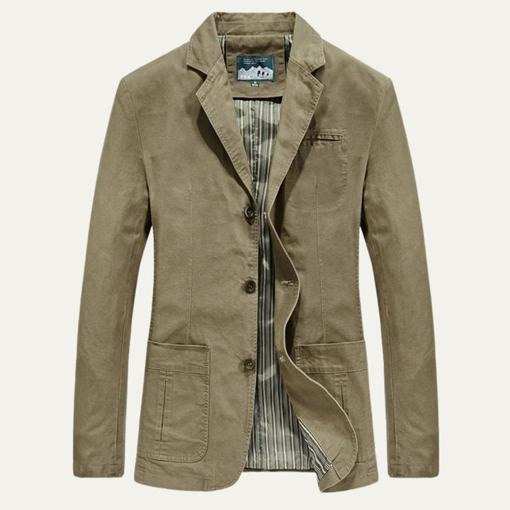 Lawrence tailored notch lapel blazer in khaki, front view unbuttoned showing striped lining