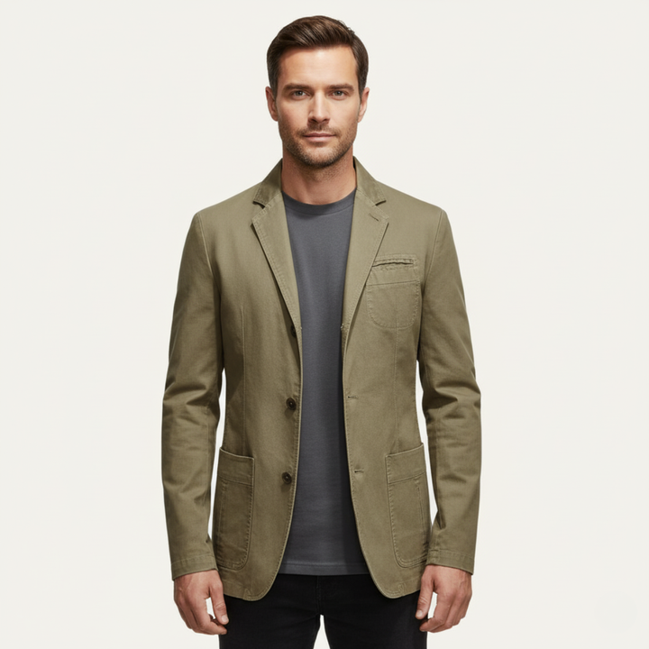 Model wearing Lawrence khaki casual blazer with grey t-shirt and black pants