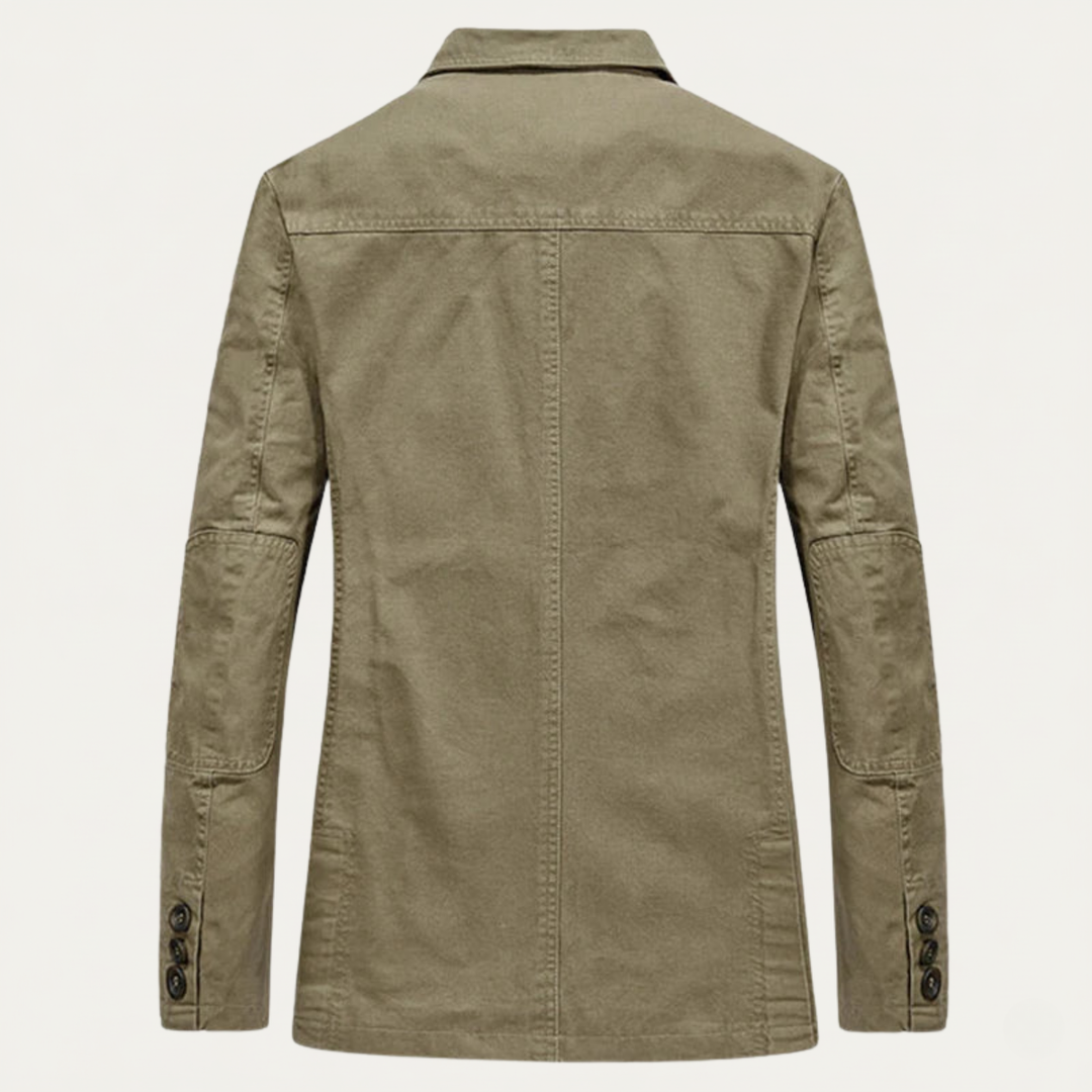 Back view of Lawrence khaki tailored blazer showing structured seams