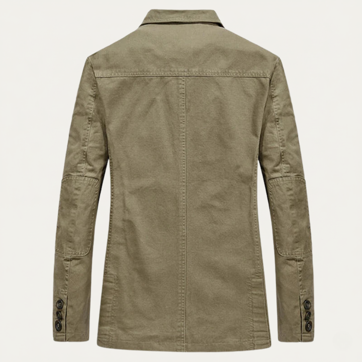 Back view of Lawrence khaki tailored blazer showing structured seams