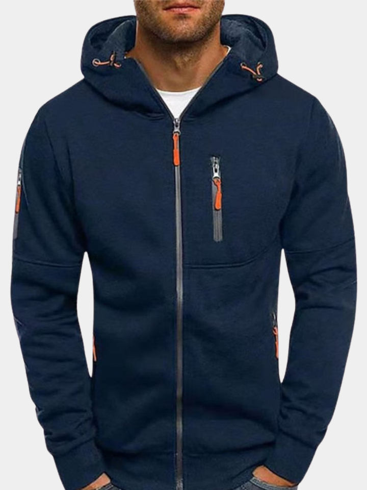 Lorenzo hooded zip-up jacket in navy, front close-up view on model