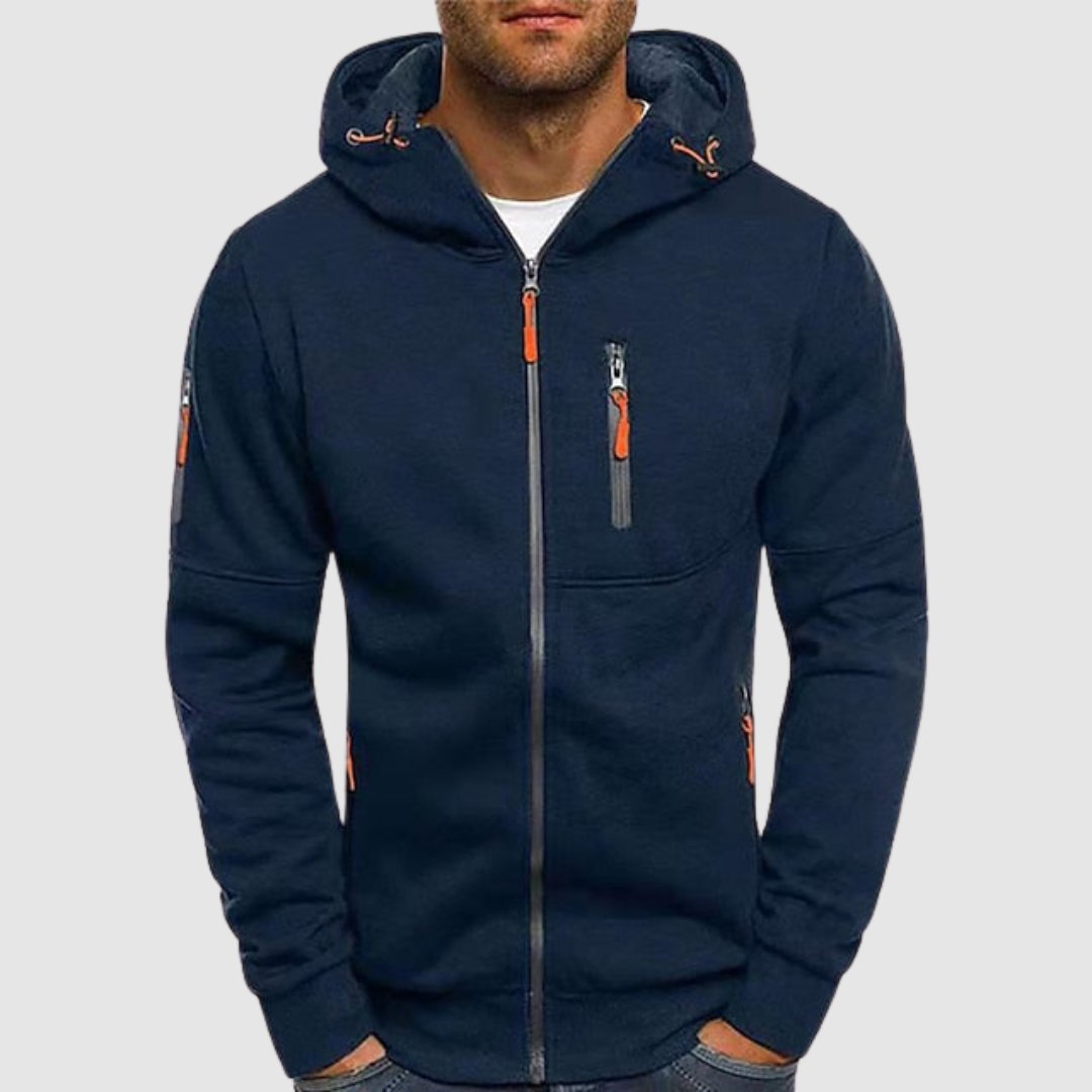 Lorenzo hooded zip-up jacket in navy, front view on model