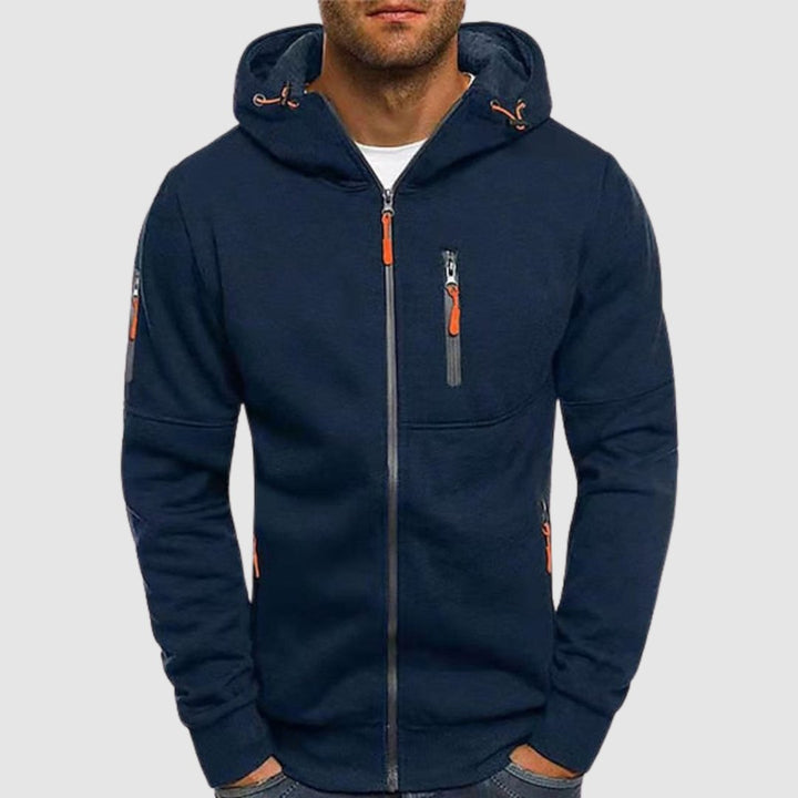 Lorenzo hooded zip-up jacket in navy, front view on model